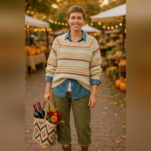 Grandma Cozy Large Preppy Slouchy Striped Oversized Cotton Soft Sweater New